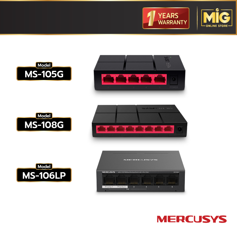 Mercusys สวิตซ์ฮับ รุ่น MS105G (5 Port) / รุ่น MS106LP (6 Port) / รุ่น MS108G (8 Port) / รุ่น MS108 