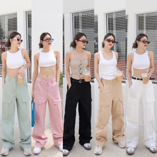 BASIC POCKET PANTS Y2K 🔥(430฿ฟรีส่ง) กางเกงคาร์โก้เอวสูง ทรงขาตรง แต่งกระเป๋าด้านหน้า ขอบเอวติดกระดุม glam