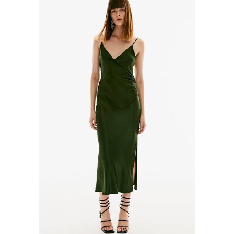 Zara Satin Drape Cami Dress in Olive Green size L