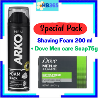 Special Pack 2ชิ้น "For MEN" สบู่ก้อน Dove Men + Care Body Face Soap Bar 75 g +โฟมโกนหนวด Arko Shaving Foam Black 200ml.