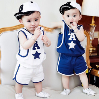 Babyonline(Y137)B4 ชุดเซ็ตเสื้อกล้ามแขนเว้ามีฮู้ดกางเกงขาสั้นสำหรับเด็กลายอักษรA ผ้าฝ้าย