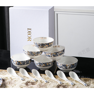 Dior’s high-end exquisite bone china tableware, blue and white series, 6 bowls, 6 spoons gift box