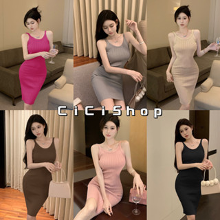 Cicishop(871)เดรสสายเดี่ยว ผ้าไหมพรมทอร่องใหญ่ ทรงรัดรูปฮิตมาก