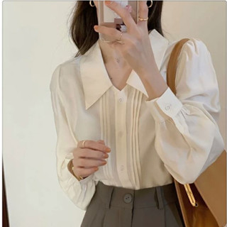 CT2987 ใหม่แฟชั่นสุดฮิต 🍙🍙 เสื้อเชิ้ตคอปก แขนพองตุ๊กตา Color.White แบบบางใส่สะบาย ทรงหลวม free size