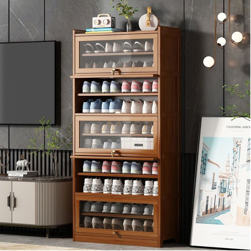 ชั้นวางรองเท้าไม้ไผ่ แบบบานเปิดประตู ตู้เก็บรองเท้า Shoe Cabinet ตู้รองเท้า 5 7 9 11 ชั้น houselife2021