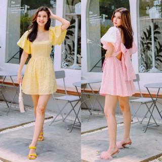 Cozyy Lovely Melon Dress  เดรสแขนพองทรงบอลลูนผูกโบว์ด้านหลัง ผ้าเมล่อนนำเข้างานใส่ซับทั้งตัว พร้อมส่ง