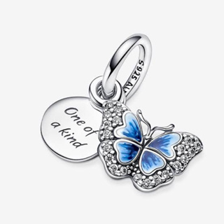 (พร้อมส่ง)Pandora Blue Butterfly &amp; Quote Double Dangle Charm ติ้งผีเสื้อ Pandora ของเเท้100%