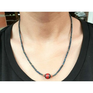 สร้อยคอ หินลาพิสลาซูลี่ และ หินปะการัง หินแท้ธรรมชาติ Natural Top Quality Lapis Lazuli &amp; Coral Tiny Tube Beads Necklace