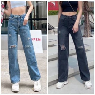 Oops jeans กางเกงยีนส์ทรงกระบอก สกิดขาด