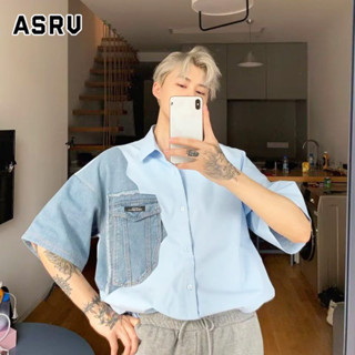 ASRV เสื้อเชิ้ตผู้ชาย เสื้อเชิ้ตแขนสั้นผ้ายีนส์เย็บติดสไตล์เกาหลีและแฟชั่นคุณภาพสูง