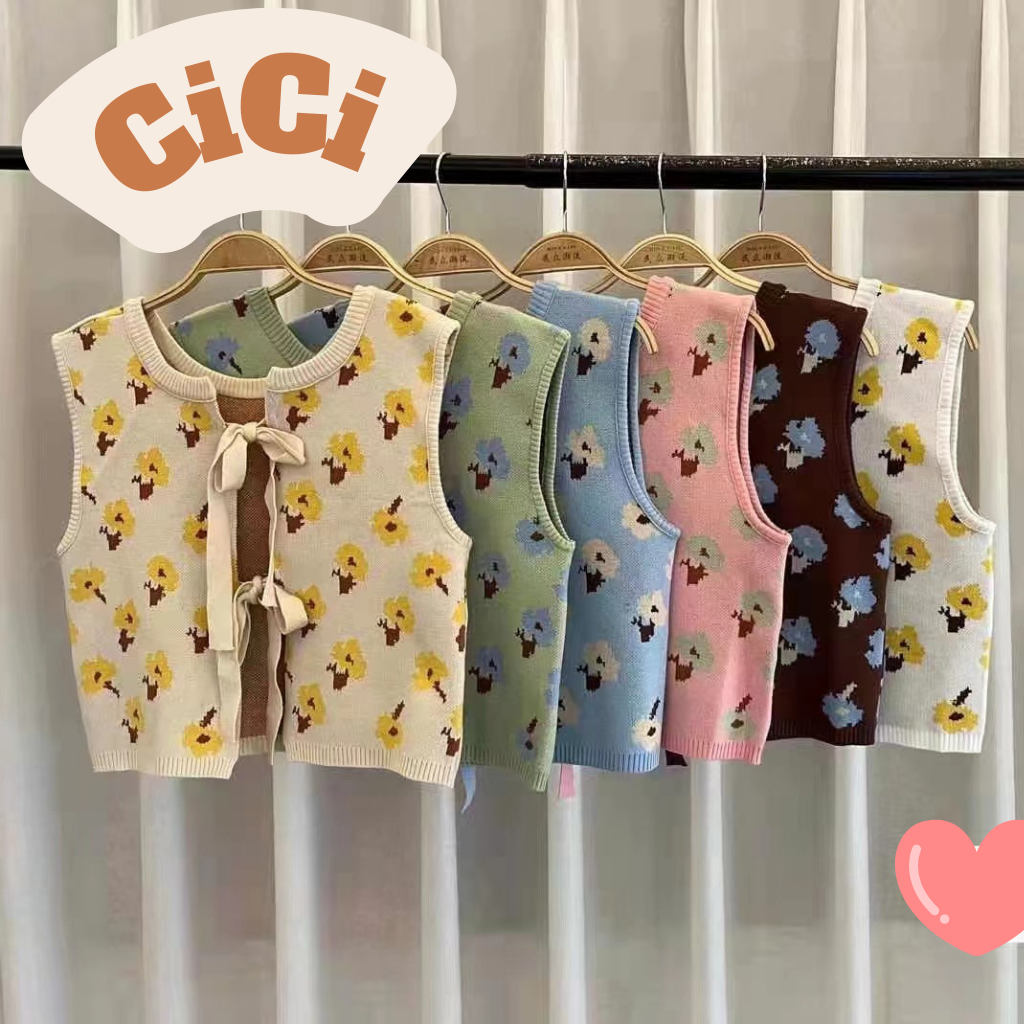ส่งทันที Cici(NO. 45037)เสื้อกั๊กไหมพรม แต่งลายดอกไม้ ดีเทล ผูกโบว์ด้านหลังสุดเก๋