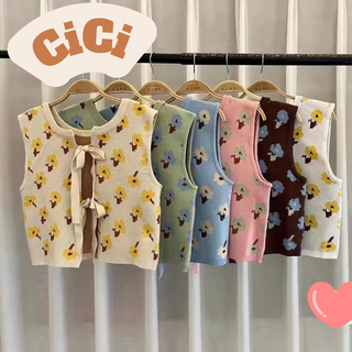 Cici(NO.45037)เสื้อกั๊กไหมพรม แต่งลายดอกไม้ ดีเทล ผูกโบว์ด้านหลังสุดเก๋