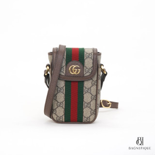 GUCCI OPHIDIA PHONE MINI BROWN GG MONOGRAM CANVAS GHW