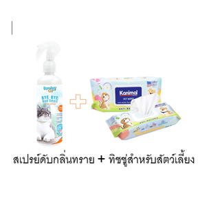 Bearingสเปรย์ดับกลิ่นทรายแมว250ml + kanimalทิชชู่เปียก80แผ่น