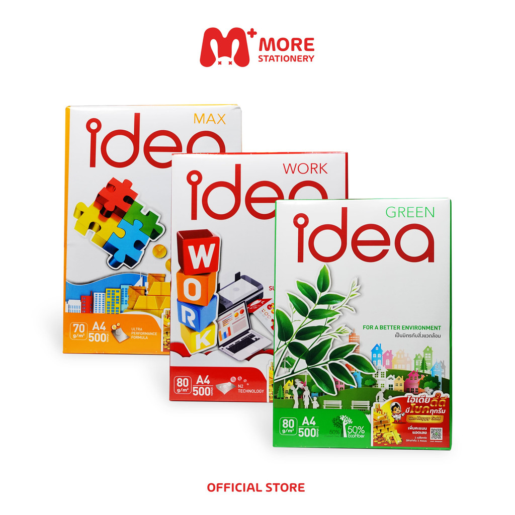 Idea (ไอเดีย) กระดาษ กระดาษถ่ายเอกสาร 70 , 80 แกรม ขนาด A4 รุ่น Idea Max, Work, Green (1 รีม)