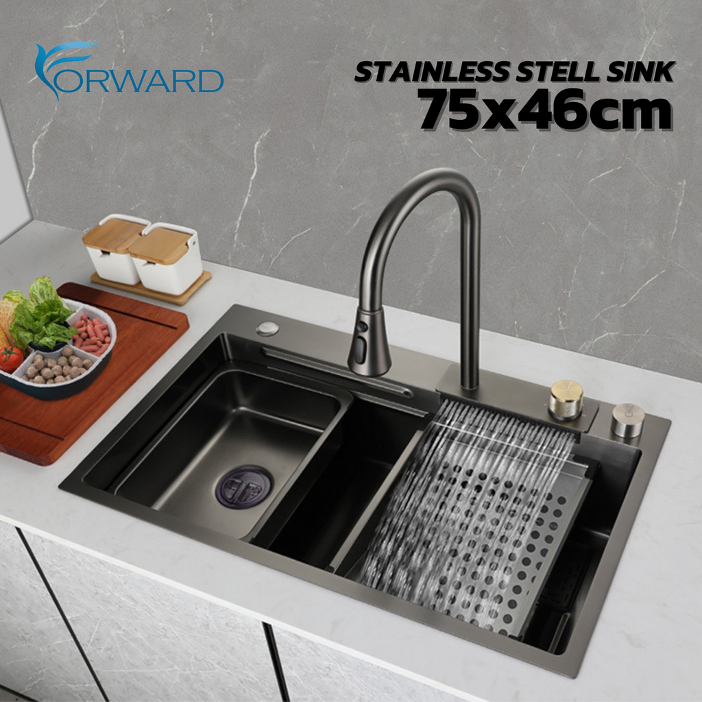 ซิงค์ล้างจานสแตนเลส อ่างล้างจานสแตนเลส เคลือบนาโนสีดำ ขนาด75x46 พร้อมอุปกรณ์เสริม black stainless steel sink รุ่น HM7546