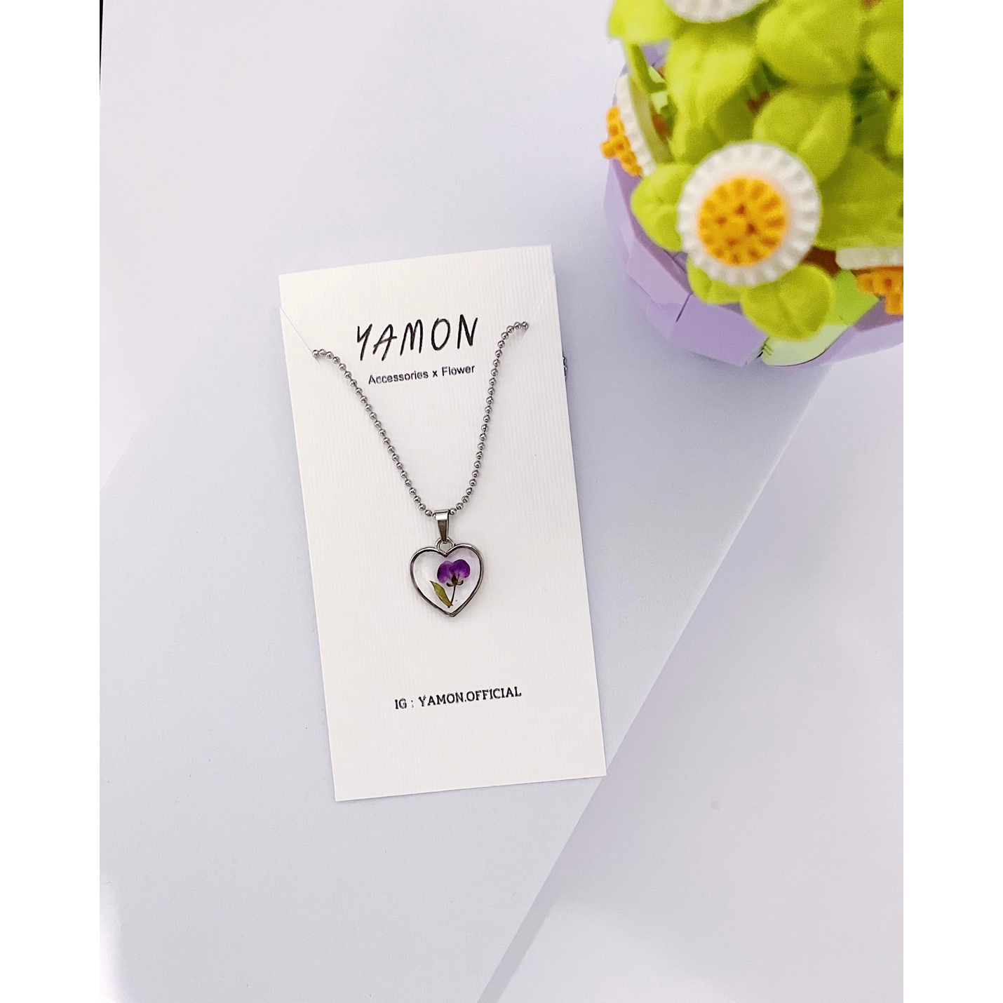 YAMON สร้อยคอดอกอลิสซั่ม จี้ทรงหัวใจ สร้อยคอสแตนเลส จี้ดอกไม้จริง