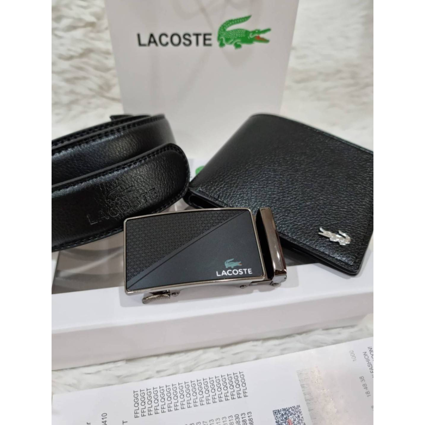 Set เข็มขัดหนัง Lacoste อุปกรณ์ครบ กล่องแบรนด์  ถุงแบรนด์ สายเข็มขัด  หัวเข็มขัด กระเป๋าตังค์