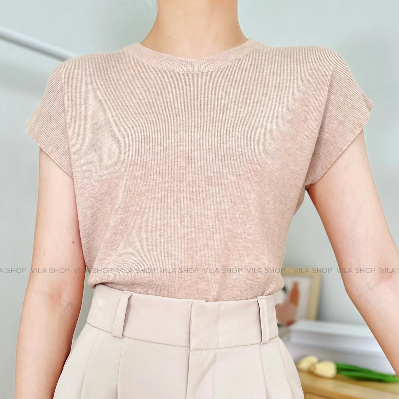 VL43 เสื้อไหมพรมคอกลมไหล่ล้ำผ้าเรียบนุ่มนิ่ม