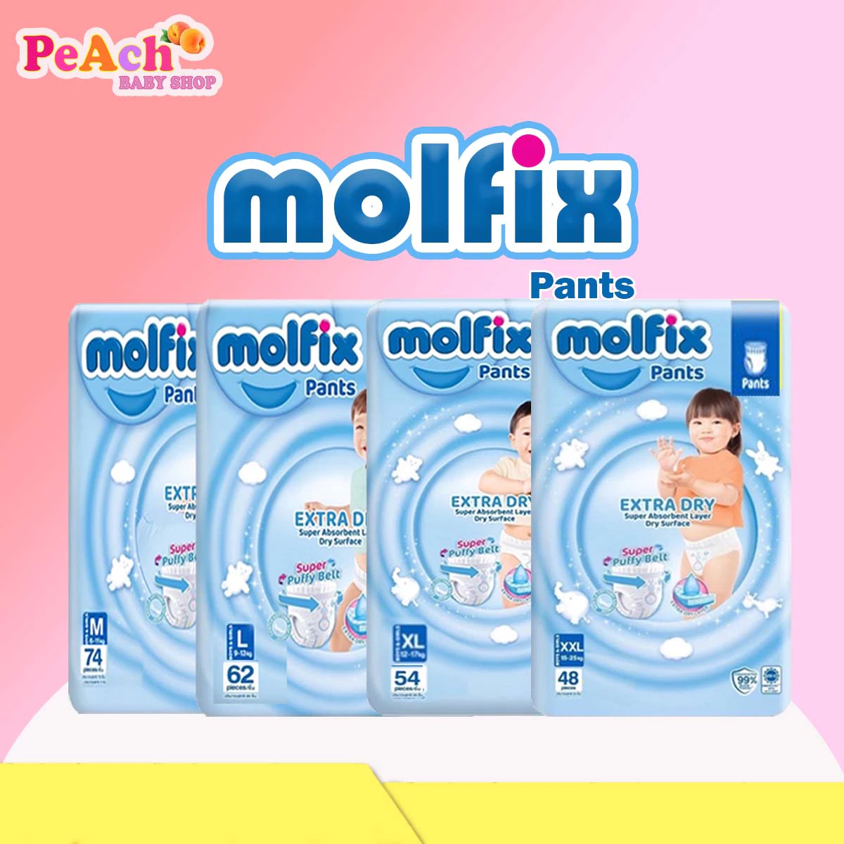 Molfix Extra Dry pants โมฟิกซ์ เอ็กซ์ตร้าดรายแพนท์ (ผ้าอ้อมแบบกางเกง) ยกลัง3แพ็ค
