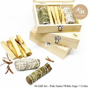 Aroma&amp;More -04 ชุดของขวัญในกล่องไม้ 3 รายการสุดคุ้ม Gift Set Palo santo+White sage+Cedar บรรจุในกล่องไม้สนสวยงาม