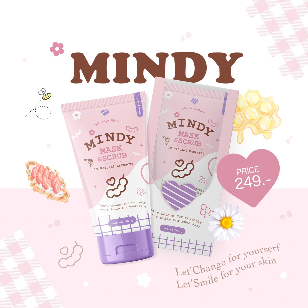 หมดอายุ23/4/2025 Mindy (สูตรใหม่) mask & scrub สารสกัด 19 ชนิด เน้นลดรอยสิว เข้มข้นกว่าสูตรเก่า ผิวแพ้ง่ายใช้ได้
