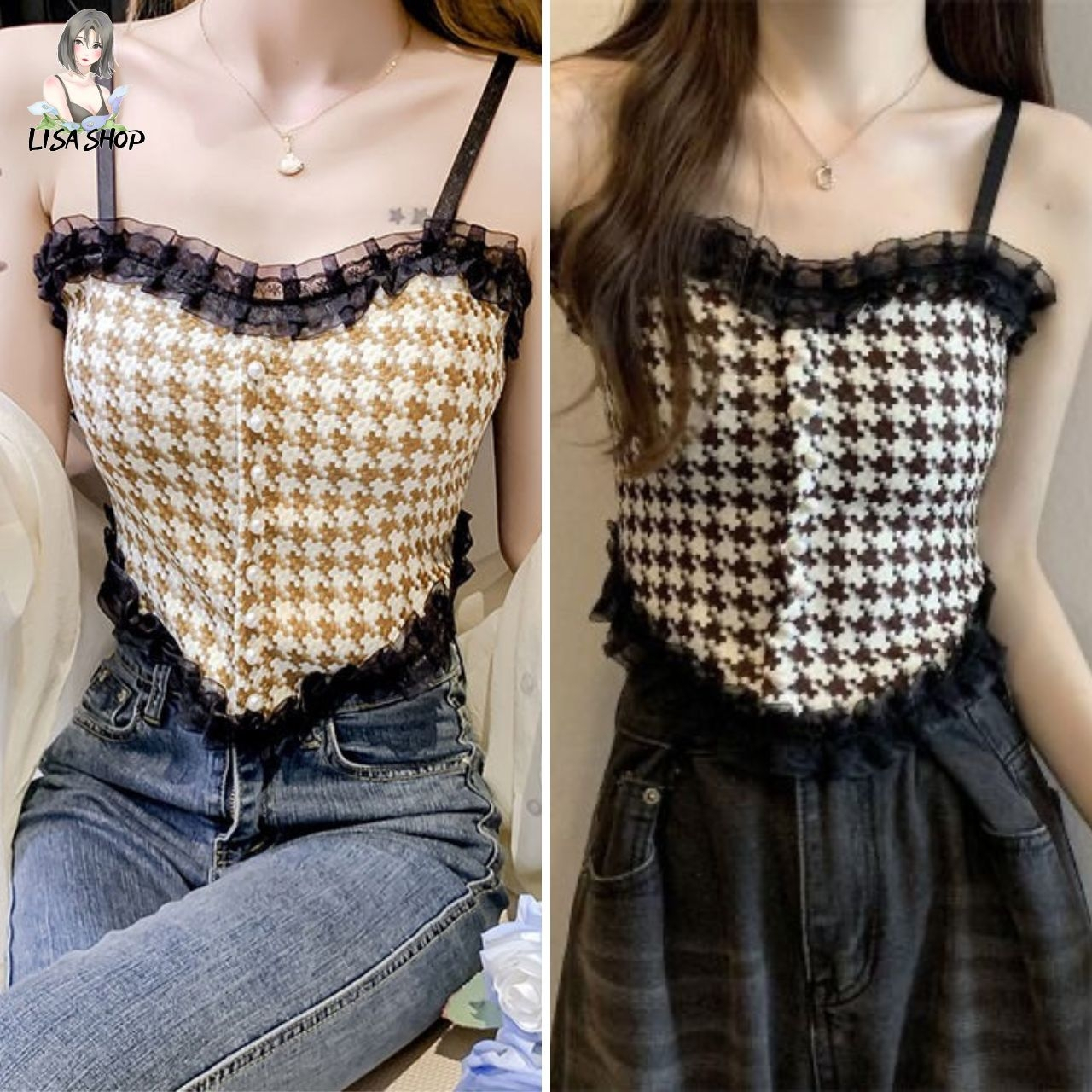 เสื้อสายเดี่ยวผู้หญิง แฟชั่นเซ็กซี่ ผ้าทวิต ดีเทลลายตาราง หลังสม็อค สวยน่ารัก ลุคดูดีสไตล์เกาหลี A128