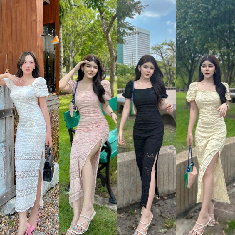 Teera พร้อมส่ง เดรสยาวแขนพองทรงตุ๊กตา ผ้าลูกไม้ฉลุ งานมีซิปหลังนะคะ goodluck