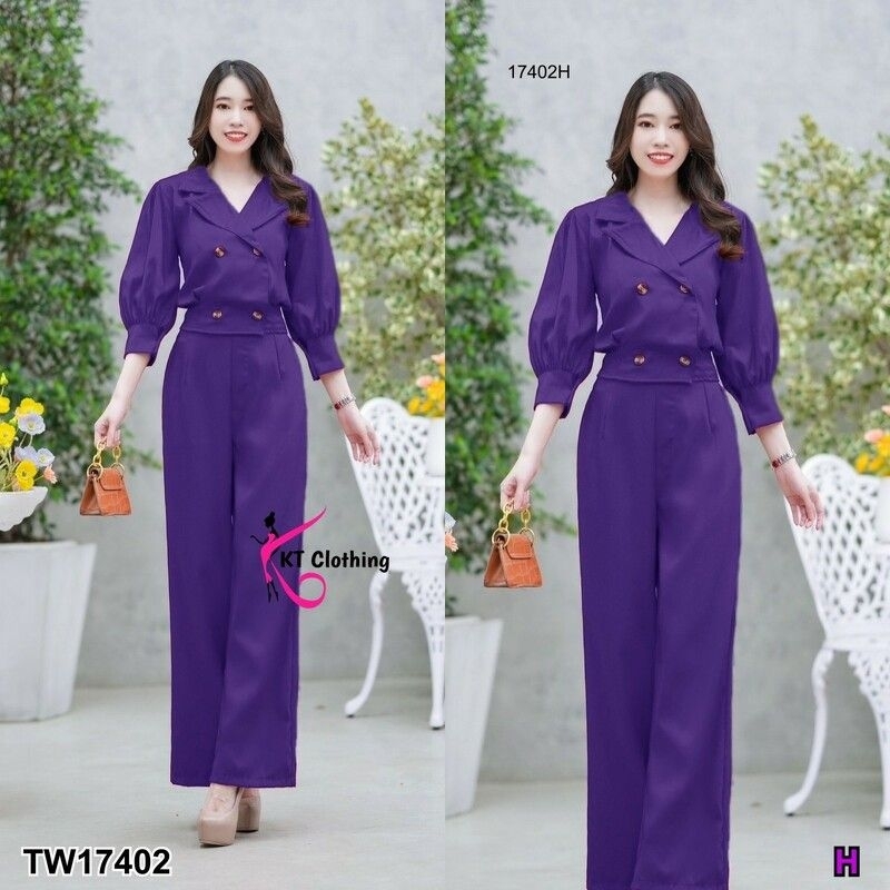 ชุดเซท (มีหลายสี) เสื้อคอปกสูท แขนพอง ทรงครอป + กางเกงขายาว ชุดทำงาน มีดีไซน์เรียบหรู เสื้อผ้าแฟชั่น 17402 - รูปที่ 4