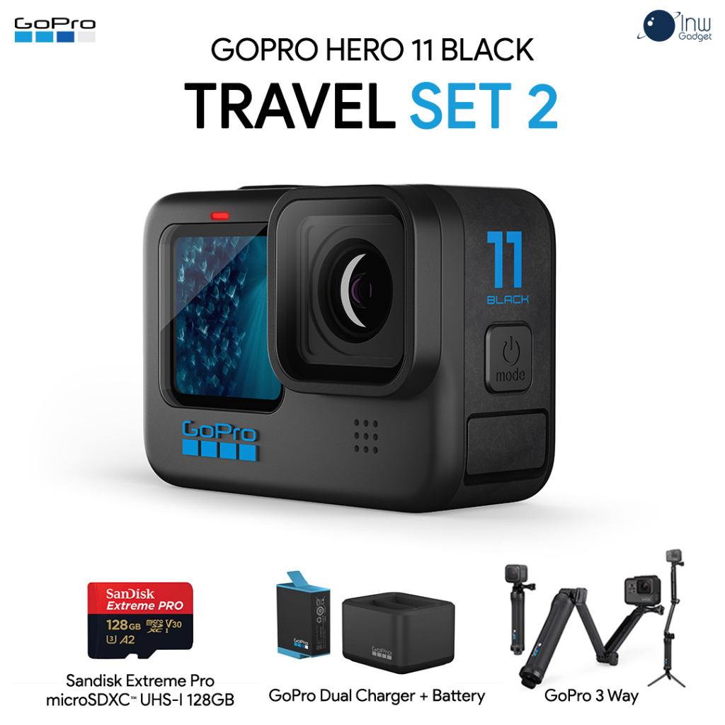 GoPro Hero 11 Black Travel Pack Set 2 (Sandisk Extreme Pro 128GB, GoPro 3 Way, แท่นชาร์จ และ แบตเตอรี่ GoPro)
