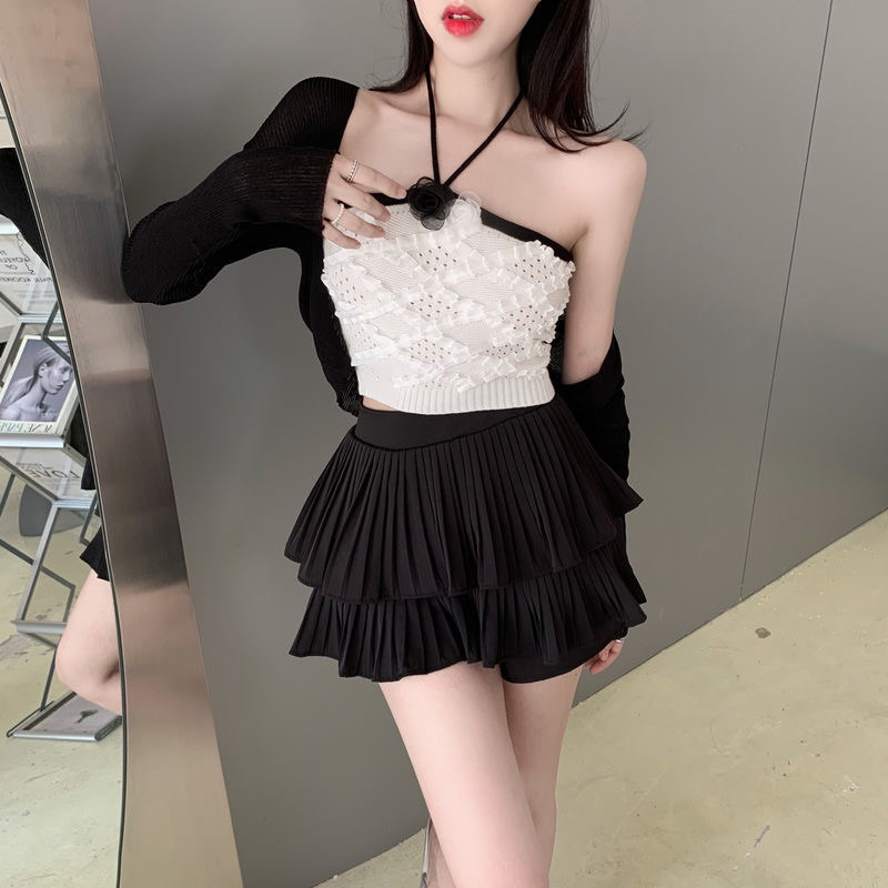 พร้อมส่ง ชุดดำY2k ทรงเค้ก กระโปรงพลีทสั้น ผ้าดีงานสวย เอวสูง เซ็กซี่ นักเรียน สีพื้น สไตล์เกาหลี สําหรับผู้หญิง