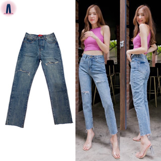 YME jeans กางเกงยีนส์บอยสลิม/กระบอกเล็กสียีนส์ฟอกสไตล์เกาหลีปลายขาตัด #9355