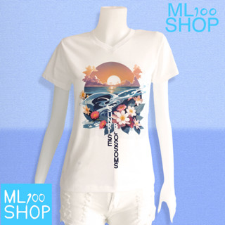 เสื้อยืดลาย Sunrise blossoms ผ้า TK พิมพ์ลายลงในเนื้อผ้า - ML100SHOP (คอวี)