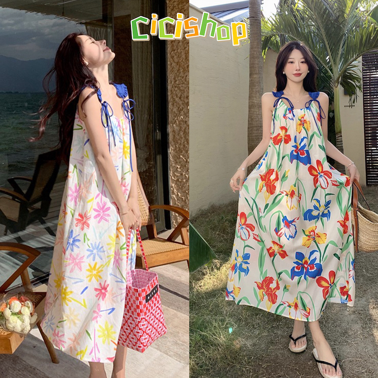 Cicishop(3082)เดรสสายเดี่ยวลายดอกไม้ ดีเทลผูกแขนสีสันสดใส ใส่ไปทะเลคือปัง