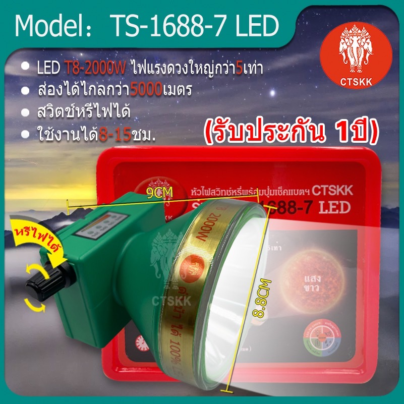 🔥🔥[ รับประกัน1ปี ศูนย์ไทย ] TS-1688-7 ไฟฉายคาดหัว2000W รุ่นดำน้ำได้  ส่องไกล5000เมตร แบตอึด30ชมพร้อมส่ง