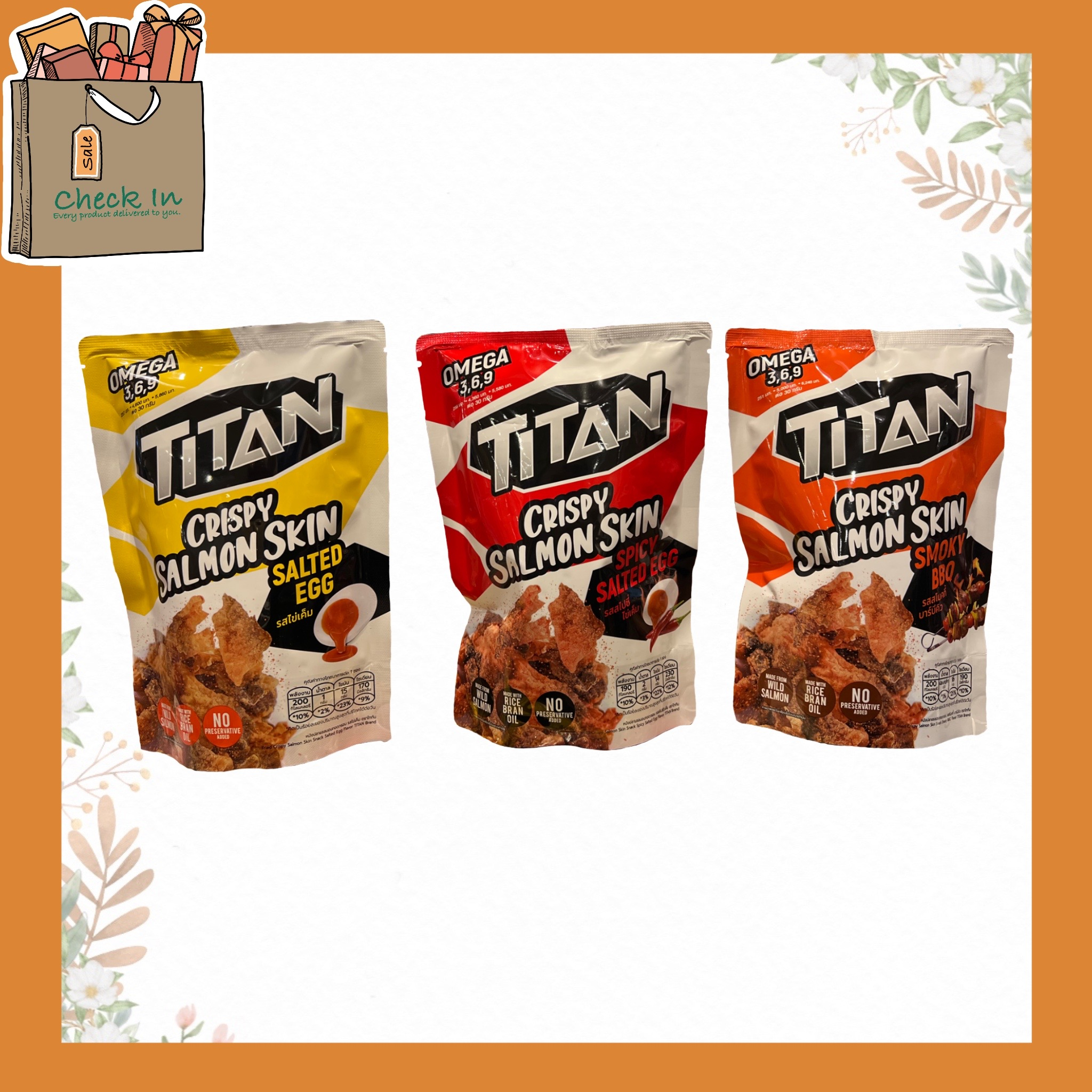 Titan ไททัน หนังปลาแซลมอนทอดกรอบ รสสไปซี่ ไข่เค็ม รสสโมกี้ บาร์บีคิว 1 ซอง Nautilus Titan Crispy Sal