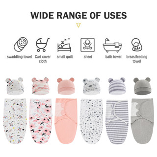 ผ้าห่อเด็ก พร้อมหมวก ผ้าห่มเด็กทารก ผ้าฝ้าย 100% นุ่ม ระบายอ…