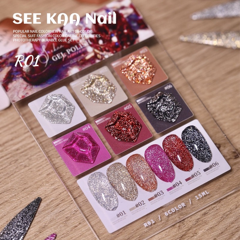 สีเจลทาเล็บ ยี่ห้อ Seekaa สีแฟลชกากเพชร 6 สี พร้อมชาร์ท (R set)