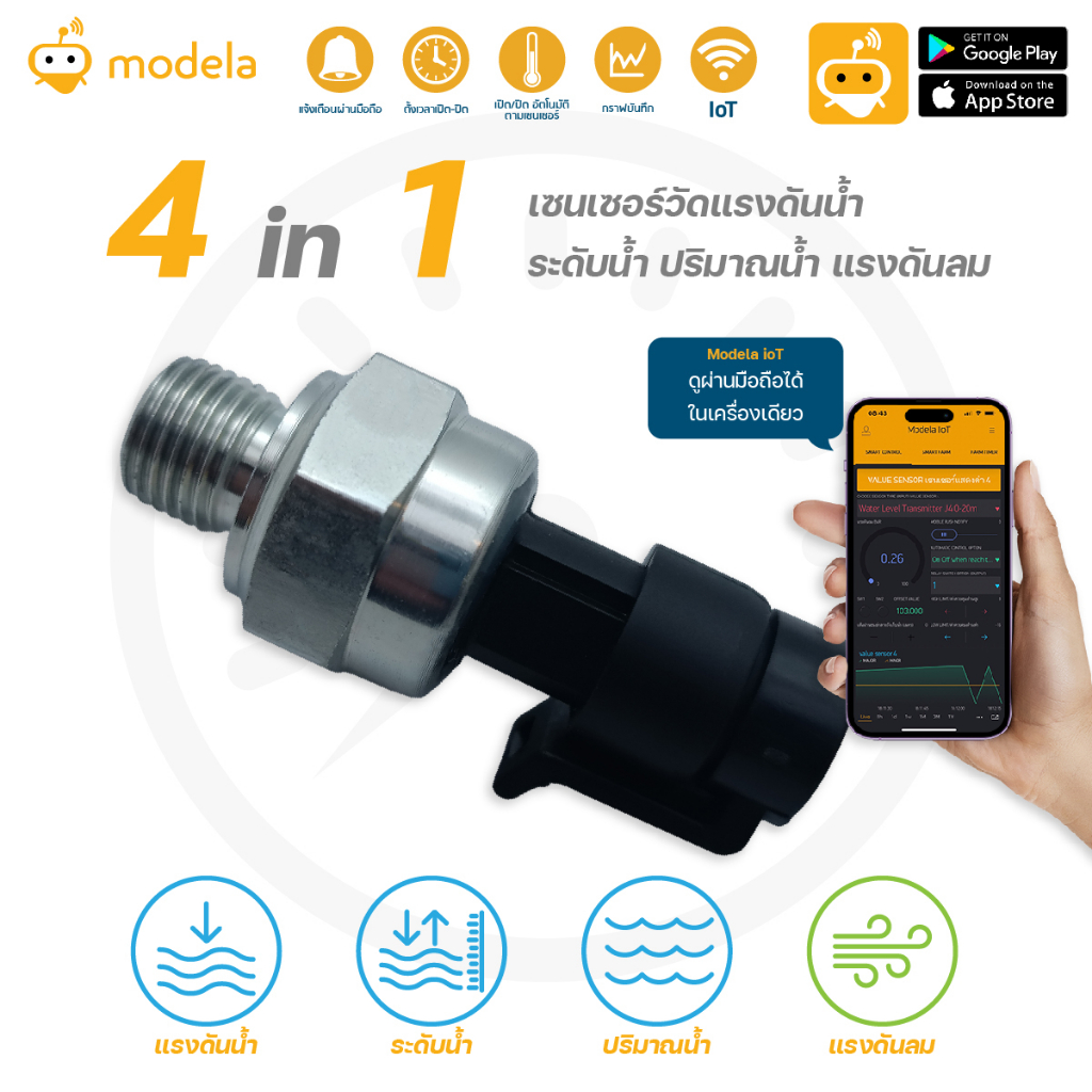 4 in 1 เซนเซอร์วัดแรงดันน้ำ ระดับน้ำ ปริมาณน้ำ แรงดันลม 0-2 bar, 0-12 bar, 0-100 bar IoT Water Pressure Transducer