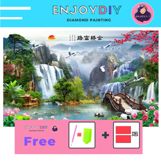 รูปวิวน้ำตก 2 ครอสติสคริสตัล 5d diy diamond painting แบบเม็ด ติดเต็ม เม็ดกลม พร้อมส่งจากไทย EnjoyDIY