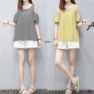 CS4370 Set ริ้วเว้าไหล่+กางเกงขาสั้น Set: off-the-shoulder stripes + shorts