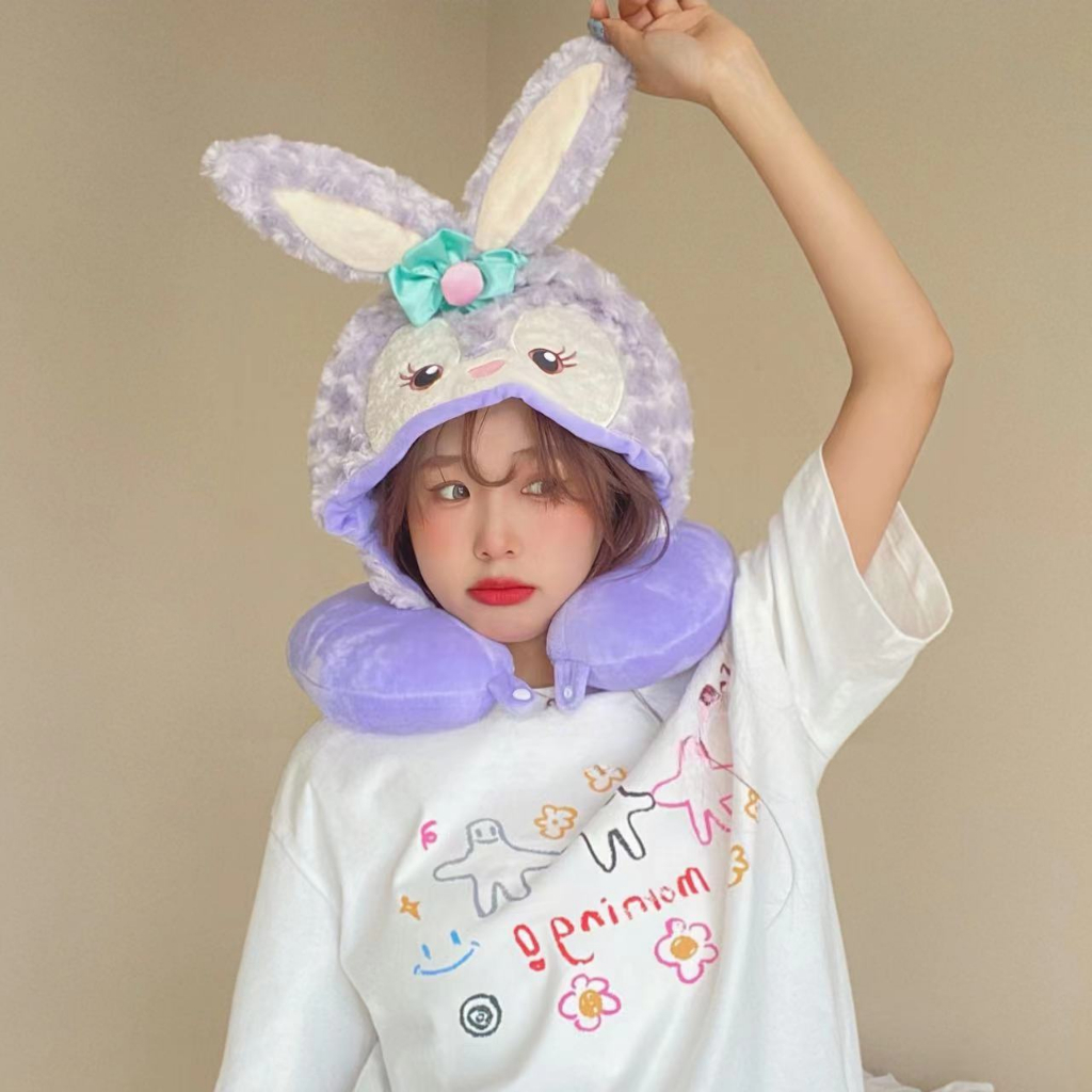 หมอนรองคอลายการ์ตูนรูปตัวยูแบบมีหมวกนิ่มเอาไว้ใส่เดินทาง นุ่ม - รูปที่ 2