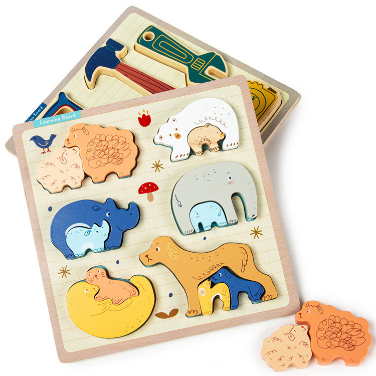 บล๊อกสัตว์ แม่ลูก บล๊อกไม้ ของเล่นมอนเตสซอรี่ ของเล่นเสริมพัฒนาการ Cognitive Puzzle Learning Board