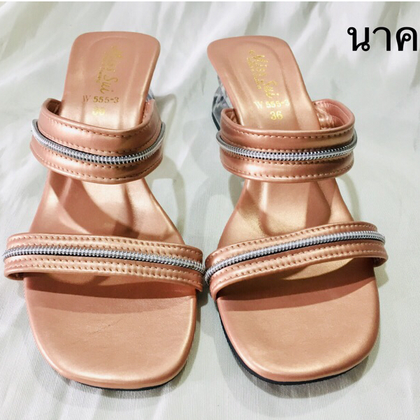 ถูกที่สุดแล้ว !! W 555 รองเท้าส้นสูง2นิ้ว ดีไซน์สวยสวม2ตอนคาดหน้าเส้นเงินเก๋ไก๋ใส่สบาย ส้นแก้ว