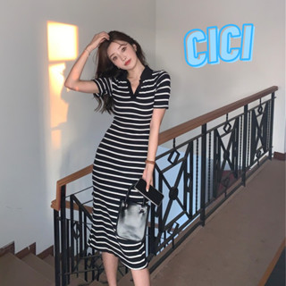 Cici(NO.35CX23)เดรสยาวลายทาง แขนสั้นคอปก ทรงเข้ารูป ใส่แล้ว Cute สุดๆ