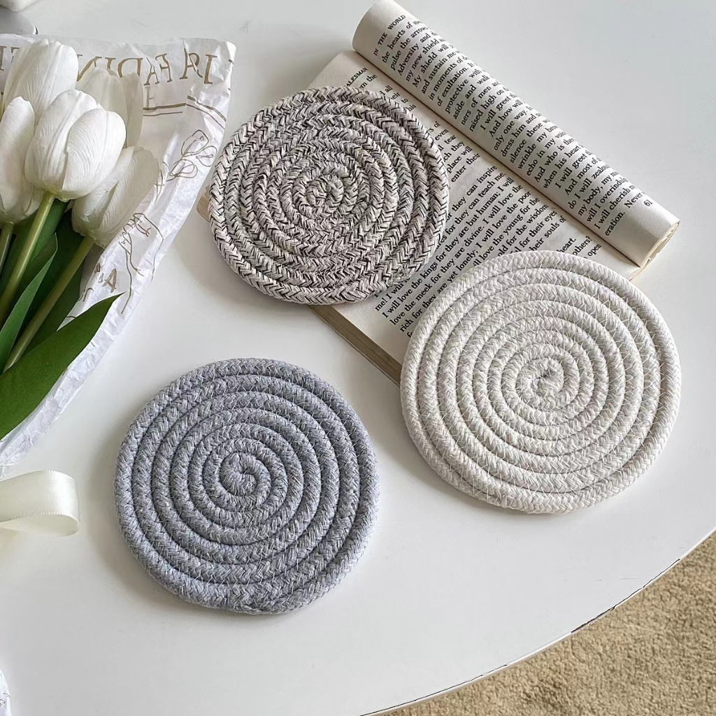 OurHome [พร้อมส่ง] ที่รองแก้วฉนวนสไตล์นอร์ดิก Nordic style insulated coaster ที่รองแก้วผ้าฝ้ายทอมือ แผ่นรองจาน