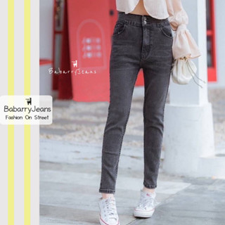 BabarryJeans มีบิ๊กไซส์ S-5XL กางเกงยีนส์ เอวสูง ผ้ายืด ยีนส์ทรงบอย เก็บทรงสวย กระดุมคู่ สีดำฟอก