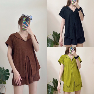 QA0503 ชุดเซตเสื้อคอวีแขนสั้น ผ่าด้านหน้า+กางเกงขาสั้น ยืดได้เยอะ