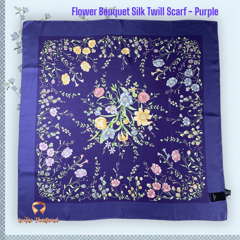 ผ้าพันคอ แบรนด์ Jim Thompson รุ่น Flower Bouquet Silk Twill Scarf - Purple
