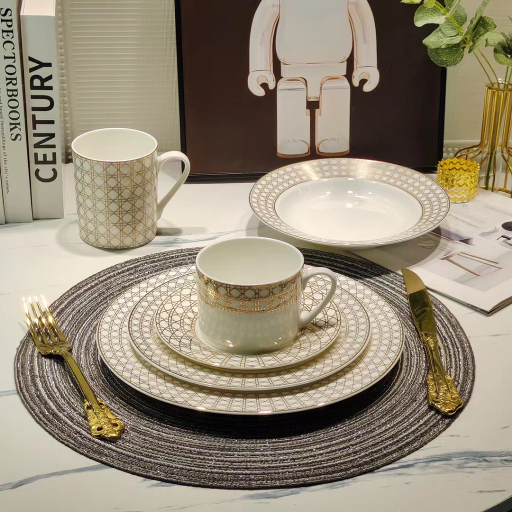 DiorHome Gold check series bone China mug Western dinner plate coffee cup and saucer gift box